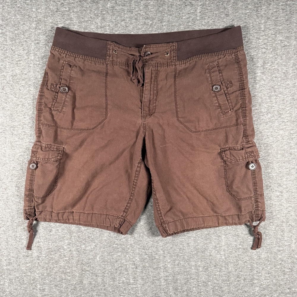 Faded Glory Womens 12 Brown Linen Blend Cargo Shorts Ribbed Waist Y2K BOHO